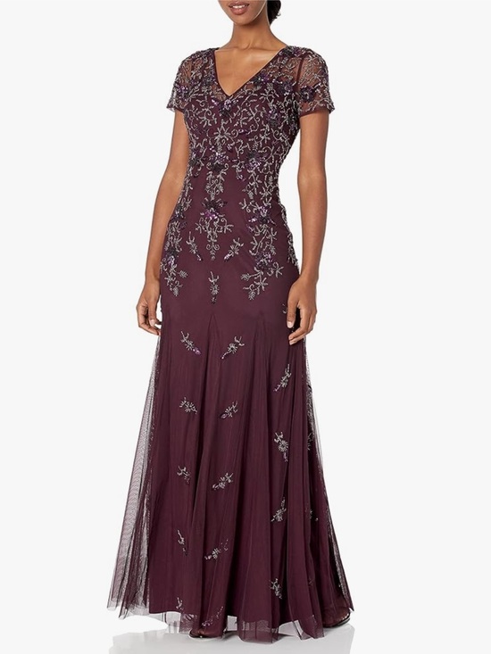 Adrianna Papell Godet Short Sleeve Gown Maxi Dress Beaded Long Night Plum